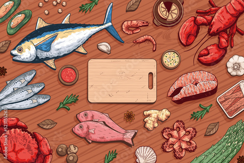 Hand drawn vintage seafood background