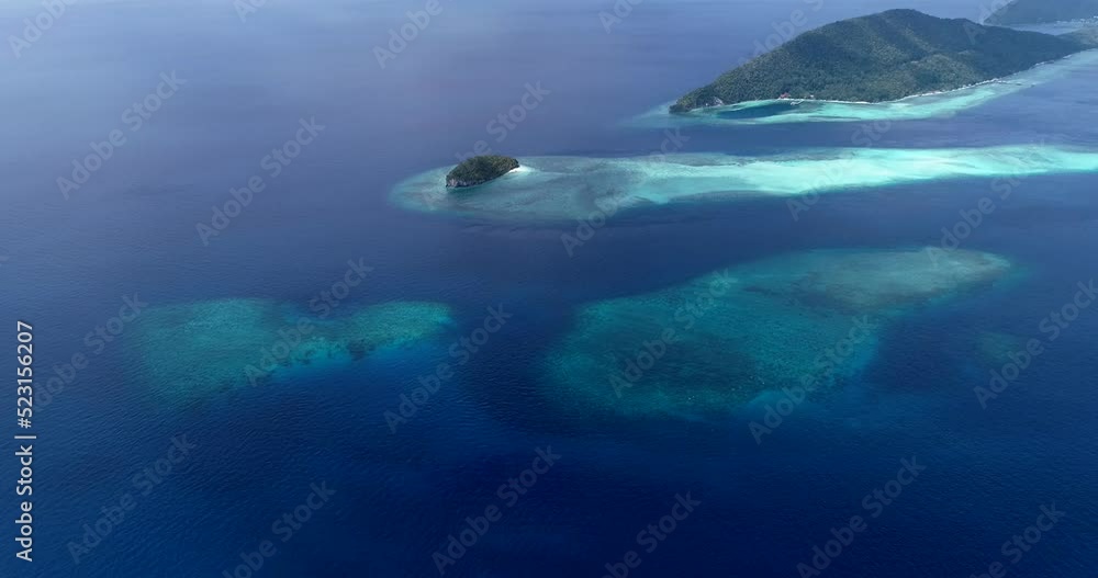Aerial shot of tropical island with huge colorful underwater coral reefs Aerial shot of tropical island with huge colorful underwater coral reefs