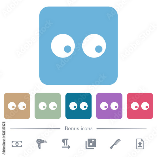 Watching eyes solid flat icons on color rounded square backgrounds