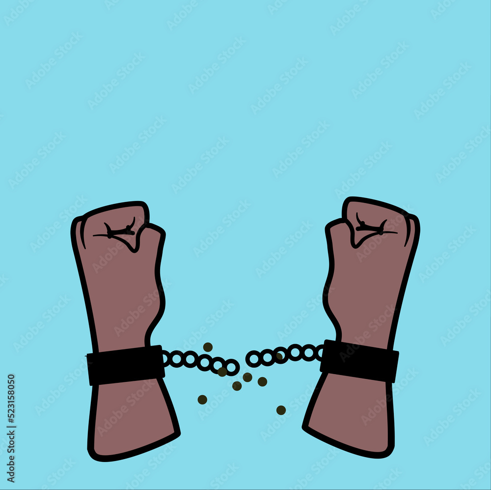 Hands breaking chain shackle handcuffs.Handcuffed Hand. Raising hands