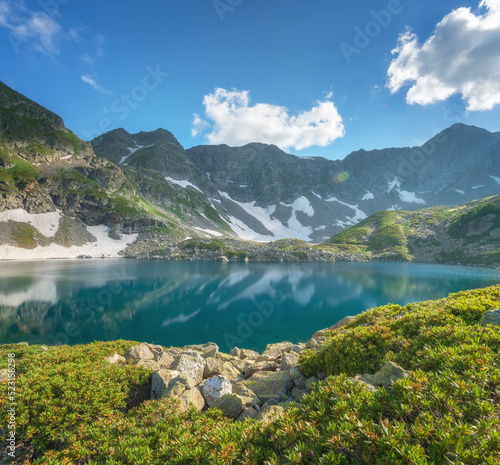 Daylight mountain lake landscape.