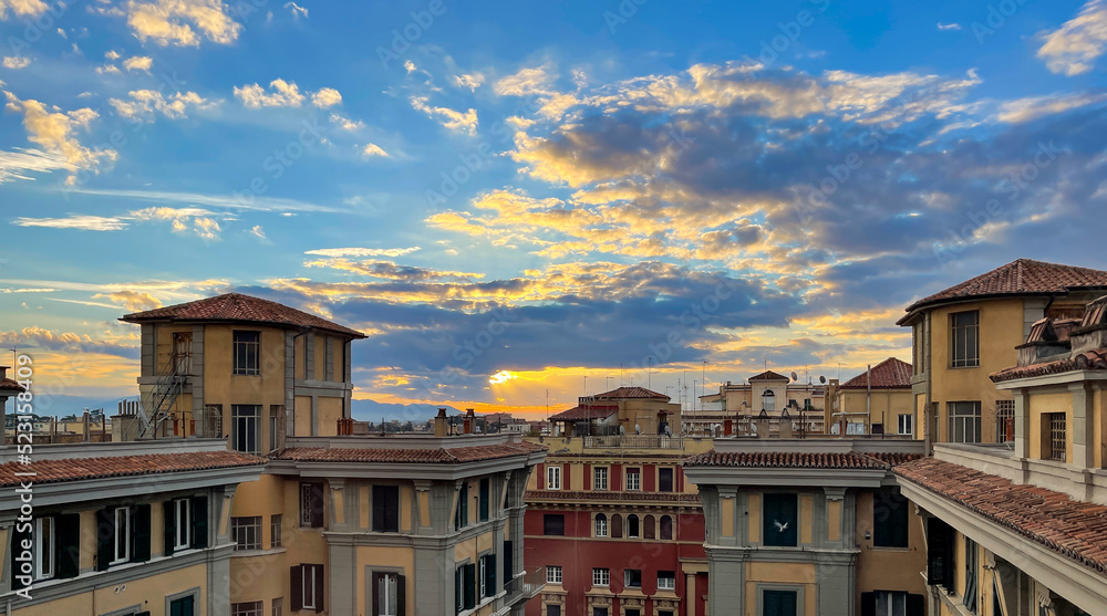 Sunrise over Rome, Italy from the roof of a residential apartment building Sunrise over Rome, Italy from the roof of a residential apartment building