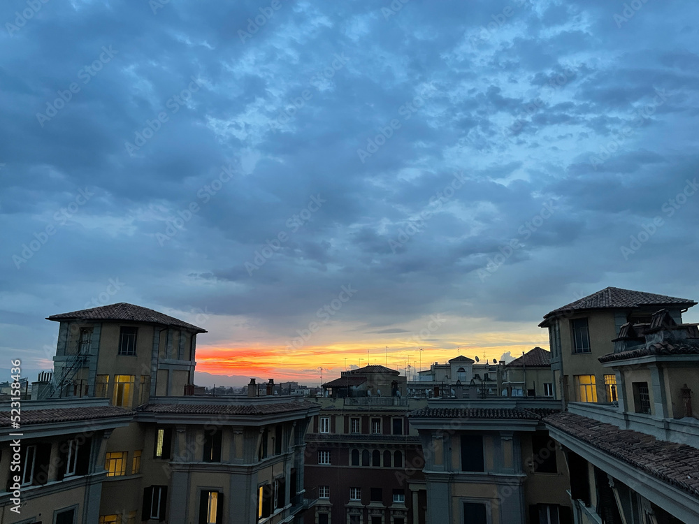 Sunrise over Rome, Italy from the roof of a residential apartment building