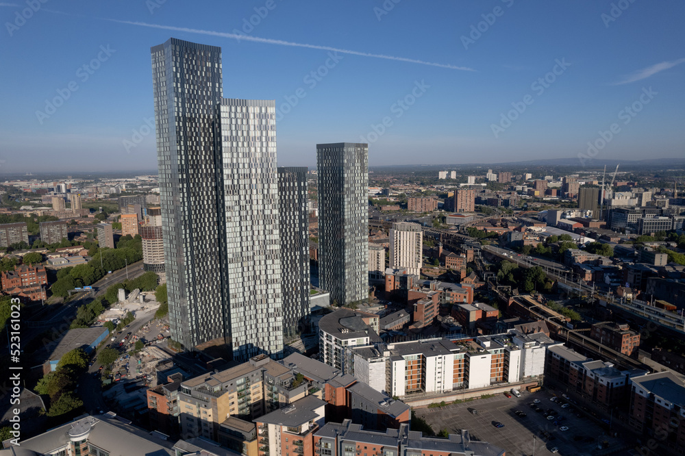Manchester City Centre Drone Aerial View Above Building Work Skyline Construction Blue Sky Summer Beetham Tower Deansgate Square 2022.