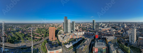 Fényképezés Panoramic Manchester City Centre Drone Aerial View Above Building Work Skyline Construction Blue Sky Summer Beetham Tower Deansgate Square 2022