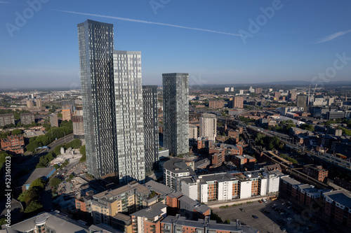 Manchester City Centre Drone Aerial View Above Building Work Skyline Construction Blue Sky Summer Beetham Tower Deansgate Square 2022.