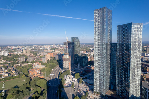 Fényképezés Manchester City Centre Drone Aerial View Above Building Work Skyline Construction Blue Sky Summer Beetham Tower Deansgate Square 2022