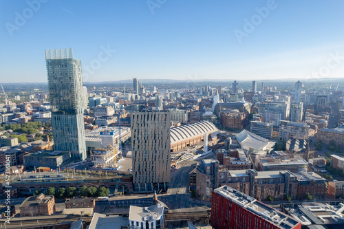 Obraz na plátně Manchester City Centre Drone Aerial View Above Building Work Skyline Construction Blue Sky Summer Beetham Tower Deansgate Square 2022