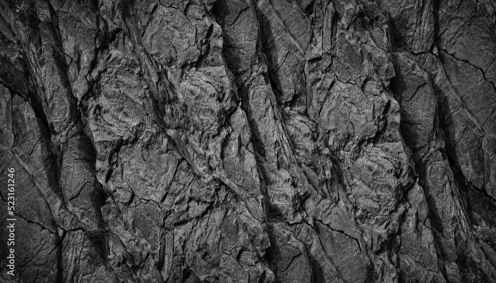 Black white rock texture background. Rough mountain surface with cracks. Close-up. Dark gray stone basalt background for design. Black white rock texture background. Rough mountain surface with cracks. Close-up. Dark gray stone basalt background for design.