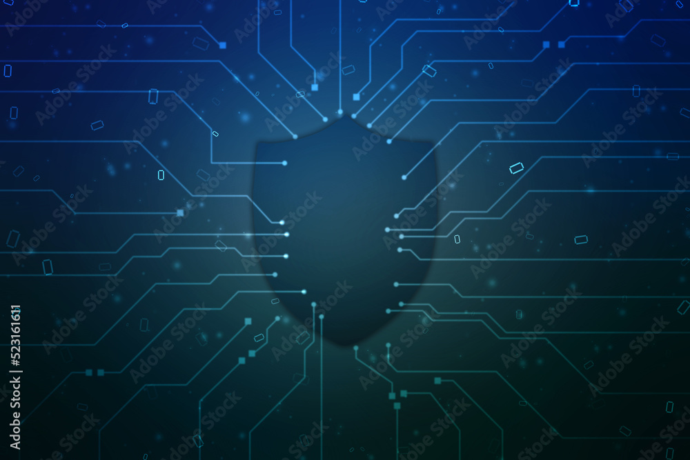 Obraz premium Protect and Security concept. Digital Shield on abstract technology background, Cyber security and information or network protection. Future technology web services for business and internet project