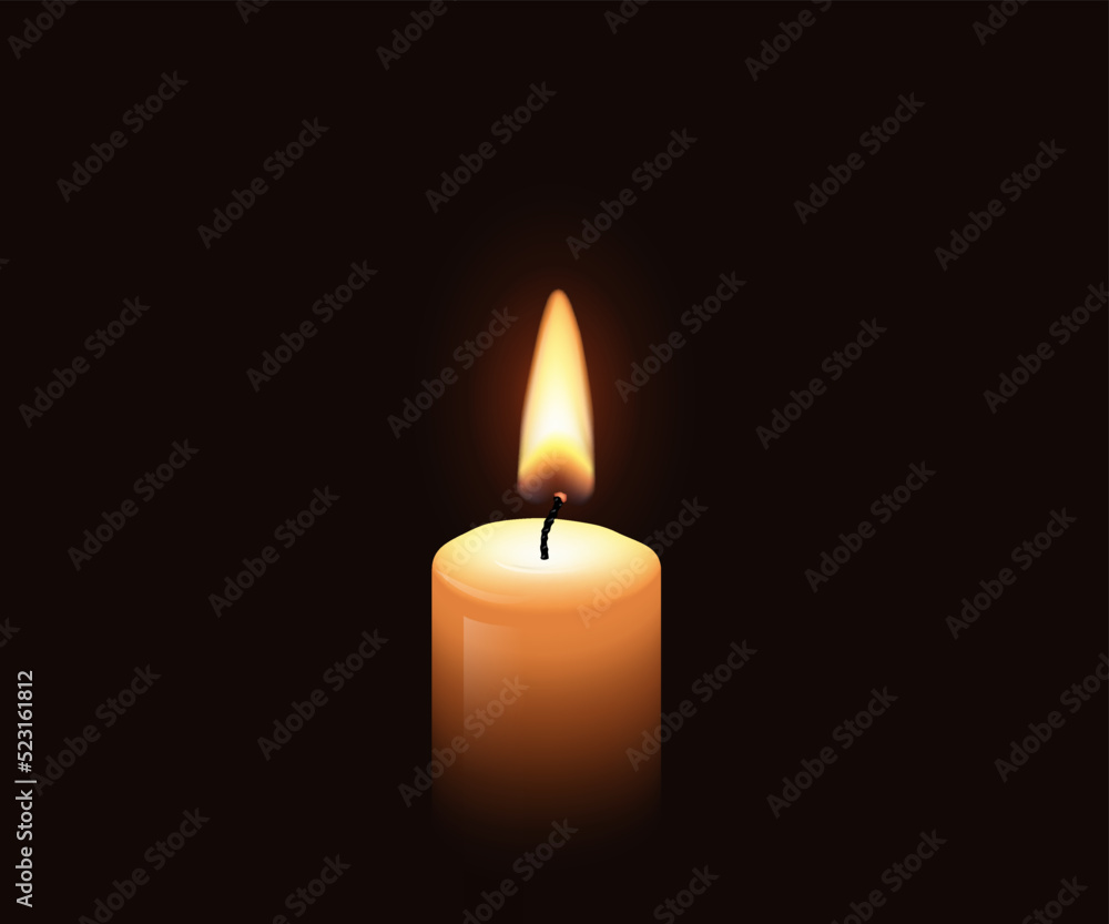 3d burning flame of wax candle at night, realistic yellow and red glowing candlelight