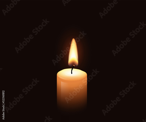 3d burning flame of wax candle at night, realistic yellow and red glowing candlelight