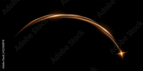 Radial curve, lines glow and shine in arch light effect with star vector illustration. Energy semicircle bright halo, motion of circular beams with glare on edge, shiny design element on black
