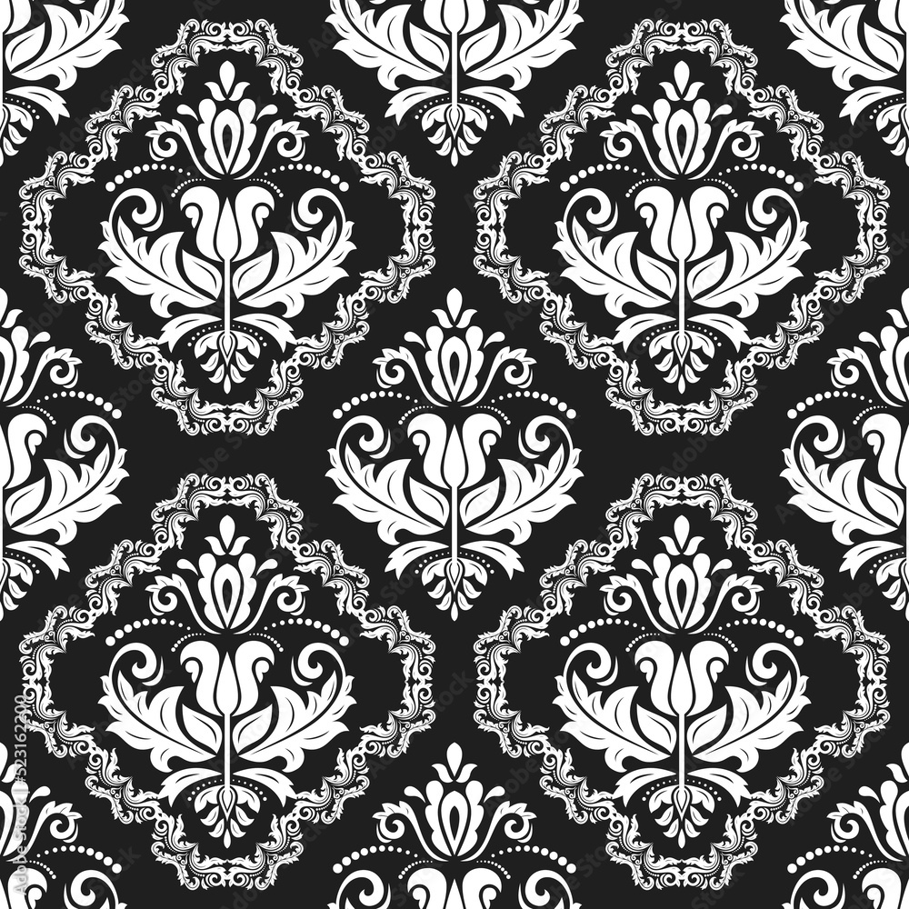 Classic seamless vector pattern. Damask dark orient ornament. Classic vintage black and white background. Orient pattern for fabric, wallpapers and packaging Classic seamless vector pattern. Damask dark orient ornament. Classic vintage black and white background. Orient pattern for fabric, wallpapers and packaging