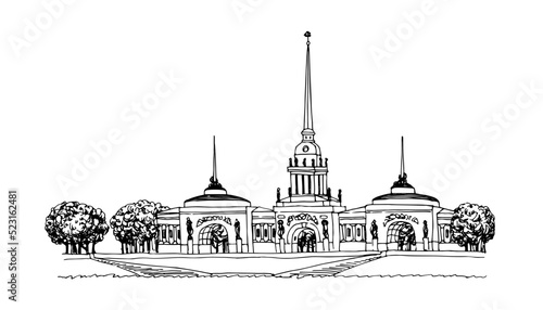 Admiralty Building (fictional view). Neva River embankment in St. Petersburg. Vector illustration in black ink, isolated on a white background in a doodle and hand drawn style.