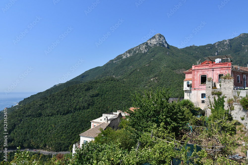 An isolated house in the landscape of Albori, a village in the mountains of the Amalfi coast in Italy.