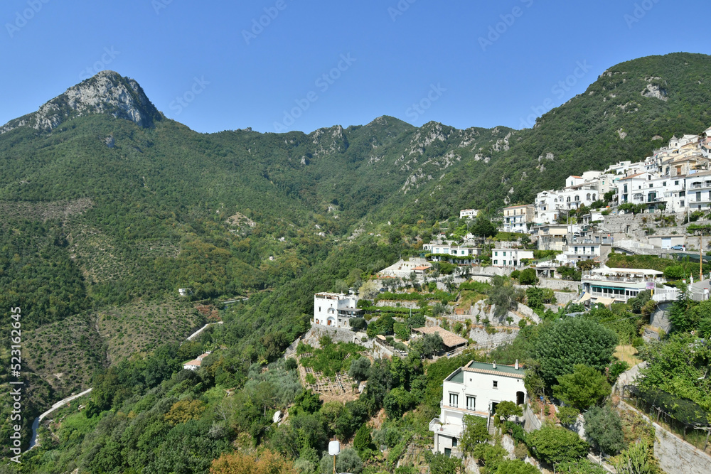 Panoramic view of the village of Albori, on the mountains of the Amalfi coast in Italy.