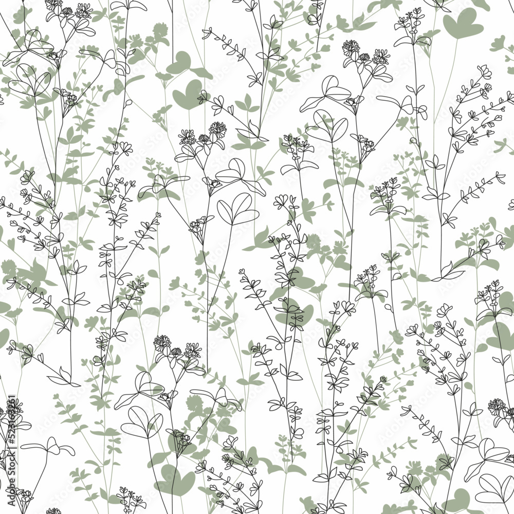 Vector seamless pattern with medicinal and edible herbs.