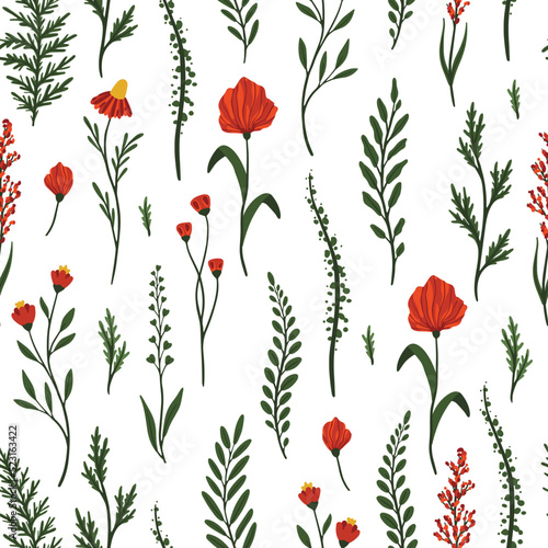 Red poppy florals and garden flowers. Seamless pattern illustration.hand drawn style ,Design for fashion ,fabric,wallpaper, prints
