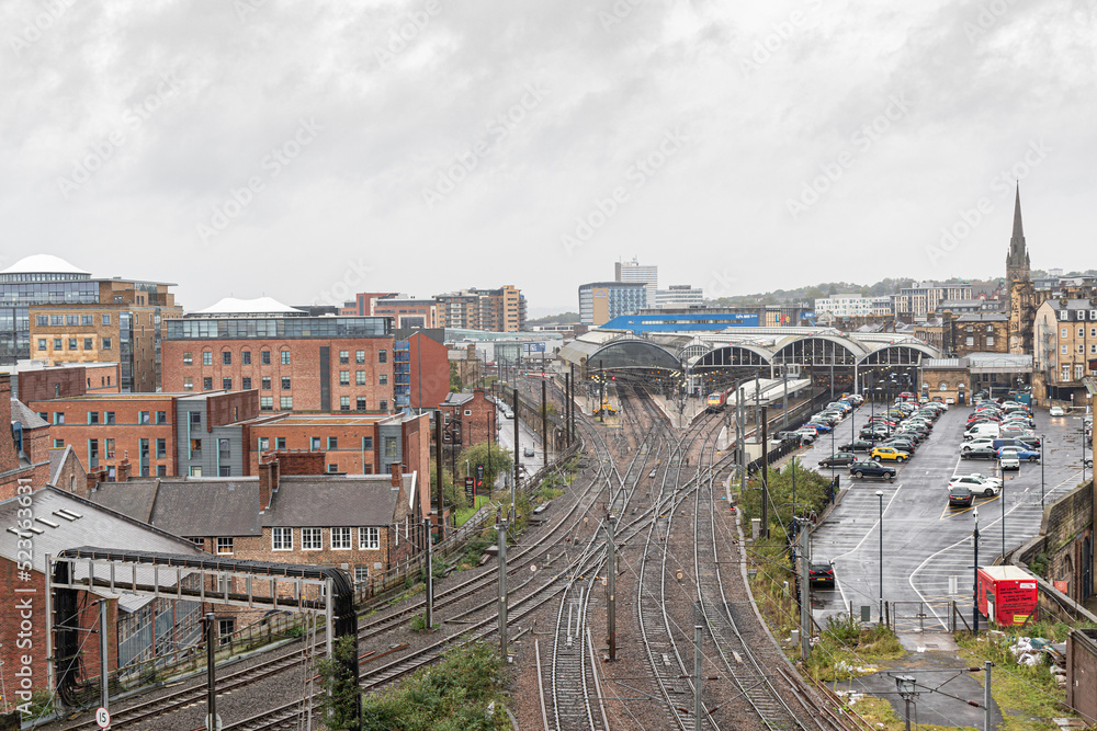 Newcastle upon Tyne England - 6th Oct 2019 Newcastle Skyline and rail tracks view of the city from Castle Keep on a rainy grey day