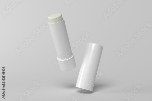 Photo 3d render mockup flying empty white packing chapstick or lip balm