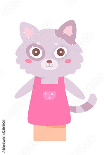 Cat doll for kids puppet show, isolated human hand or finger sock marionette, funny pet