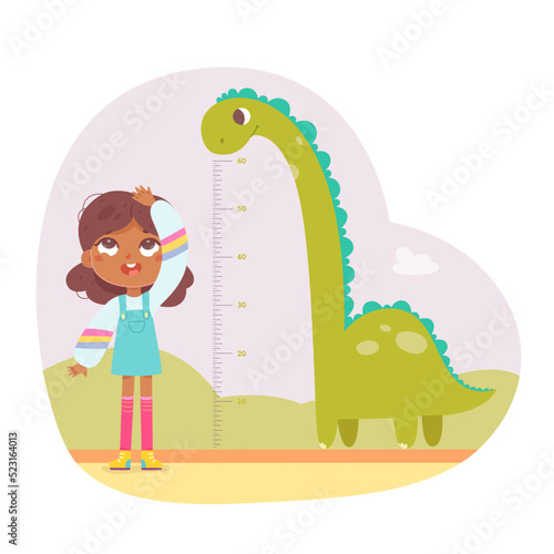 Kid height measure chart for kindergarten or home vector illustration. Cartoon black girl wanting to grow to height of tall dinosaur, standing against dino and inch ruler for growth measurement