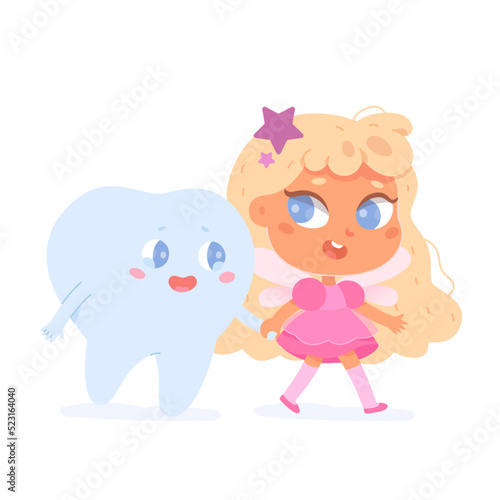 Tooth fairy and kids molar characters walking, cheerful little godmother visiting baby