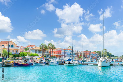 Landscape with fishing boats in port of Lixouri town, Kefalonia island, Greece