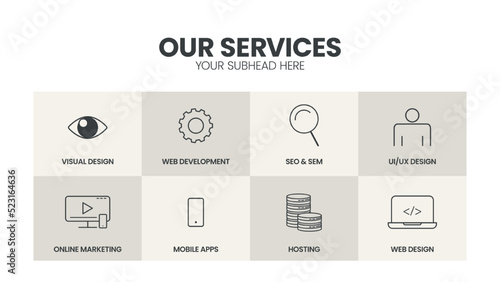 Modern creative of our services banner template with 6 options such as visual design, web development, SEO SEM, UI UX design, online marketing, mobile apps, hosting and web design. Infographic vector.