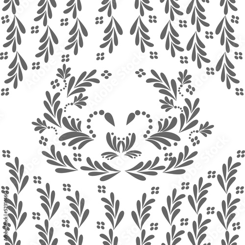 swans near a flower, surrounded by thickets of abstract plant branches