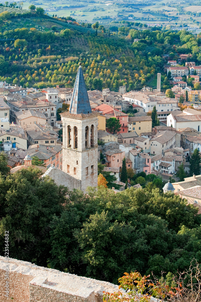 Spoleto. Perugia. Veduta della città con campanile del Duomo dalla Rocca di Albornoz