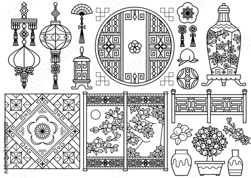 中国風装飾品イラスト中華風デザイン「ラインアート（ぬりえ線画）」提灯・行燈・桃・壺・屏風・柵
Chinese style ornament illustration Chinese style design line art coloring line drawing.