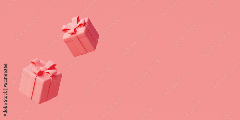Pastel pink monochrome background of two gift boxes with ribbon and copy space for web design - obrazy, fototapety, plakaty 