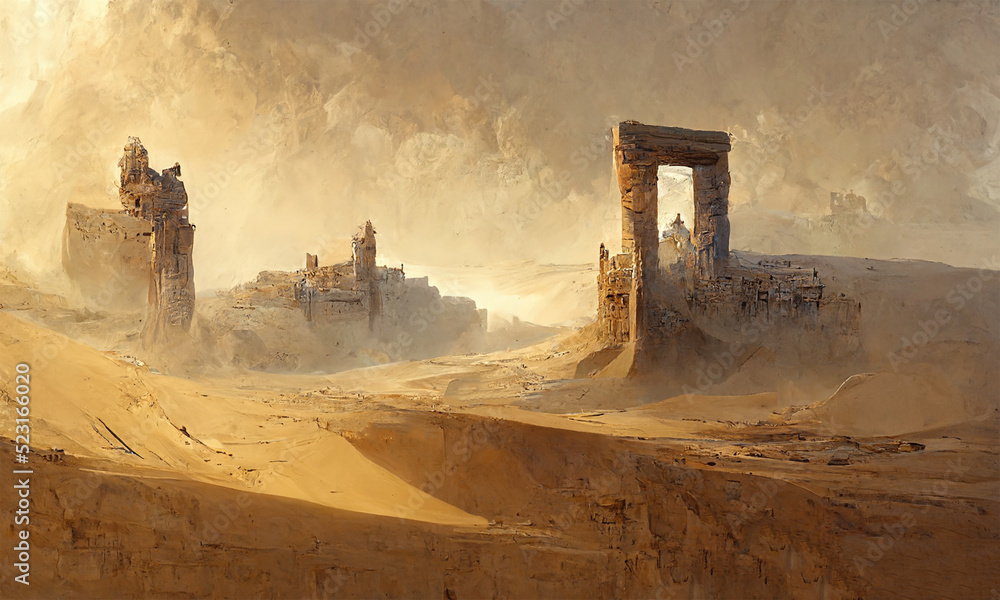 desert landscape with ancient ruins, background, digital art Stock