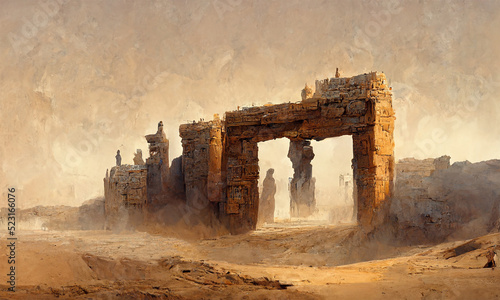 huge gate ruin  of ancient city in desert, digital art background