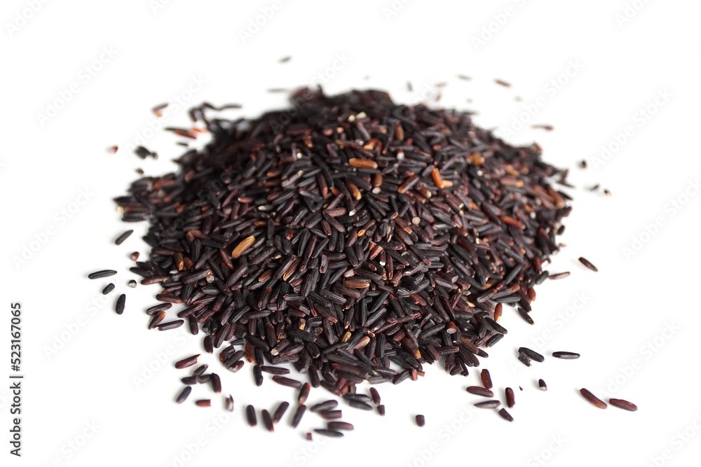 Pile of riceberry isolated on a white background, Riceberry is rich in nutrients, has good antioxidant properties and has many health benefits. Riceberry is slender, glossy, dark purple rice. Pile of riceberry isolated on a white background, Riceberry is rich in nutrients, has good antioxidant properties and has many health benefits. Riceberry is slender, glossy, dark purple rice.