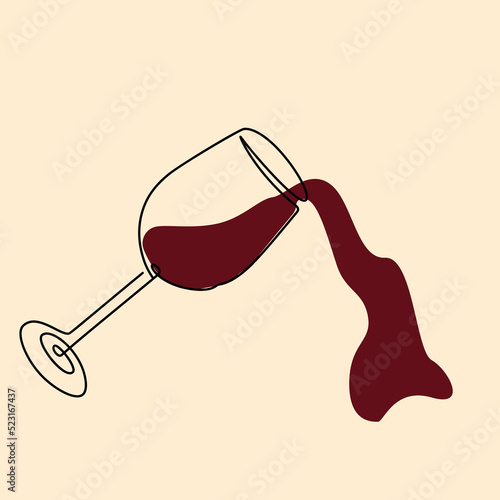 One line alcohol. Wine pouring. Outline wineglass with red beverage. Liquid splash. Overturned goblet. Spilling Cabernet or Merlot. Drink in glassware. Bar or winery. Vector illustration