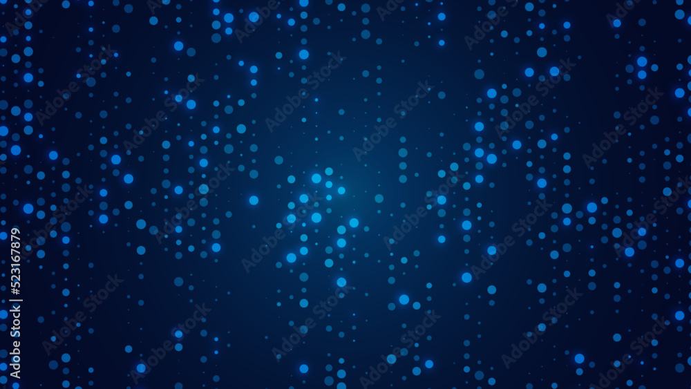 Blue neon abstract background of dots. Texture of random particles. Chaotic ornament. Linear pattern of point. Design of banner, poster for website, frame social networks. Vector illustration