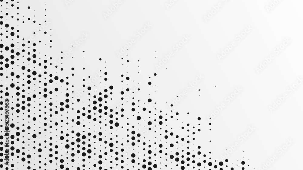 Halftone abstract background of dots. Monochrome texture of particles. Chaotic ornament. Linear pattern of small point. Design of banner, poster for website, frame for social networks. Vector