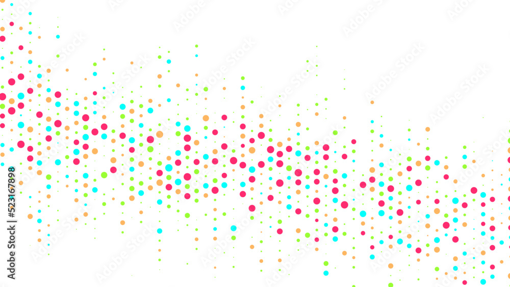 Rainbow abstract white background of dots frame. Color glow texture of particles. Chaotic ornament. Linear pattern of point. Design of banner, poster for website, frame for social networks. Vector