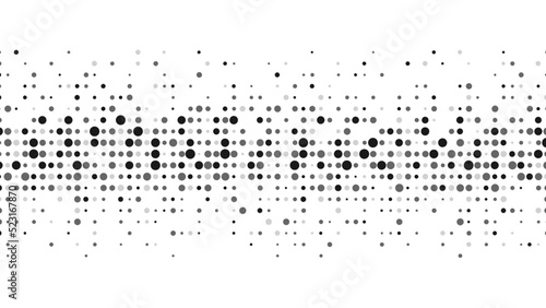 Halftone abstract background of dots. Monochrome texture of particles. Chaotic ornament. Linear pattern of small point. Design of banner, poster for website, frame for social networks. Vector