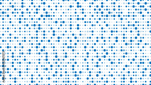 Blue abstract background of dots. Texture of random particles. Chaotic ornament, mosaic. Linear pattern of small dots. Design of banner, poster website, frame social networks. Vector illustration.