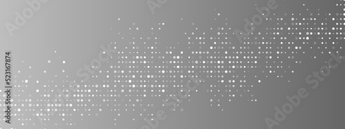 Halftone abstract background of dots. Monochrome texture of particles. Chaotic ornament. Linear pattern of small point. Design of banner, poster for website, frame for social networks. Vector