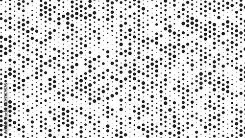 Halftone abstract background of dots. Monochrome texture of particles. Chaotic ornament. Linear pattern of small point. Design of banner, poster for website, frame for social networks. Vector