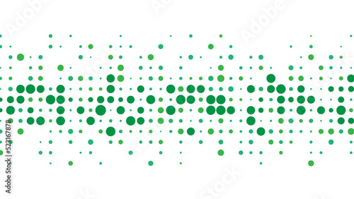Green abstract background of dots. Texture of random particles. Chaotic ornament. Linear pattern of small dots. Design of banner, poster for website, frame for social networks. Vector illustration.
