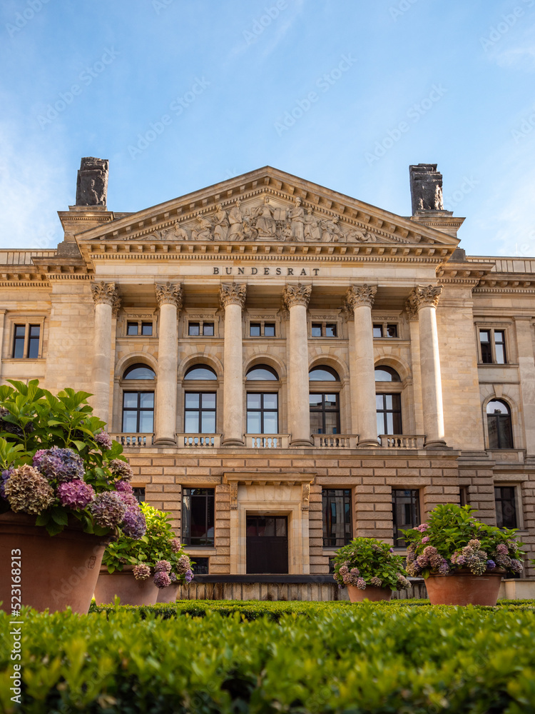 The Bundesrat building of the German government in Berlin city. Beautiful traditional facade in good condition. The neoclassical architecture is unique and impressive.