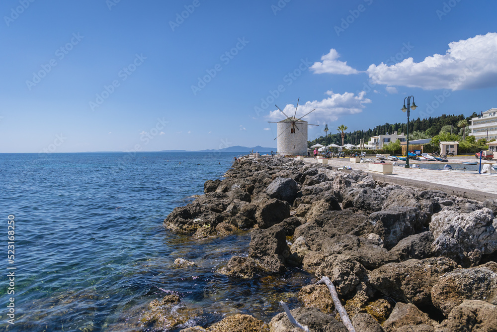 Windmill over Ionian Sea in Corfu town on Corfu Island in Greece
