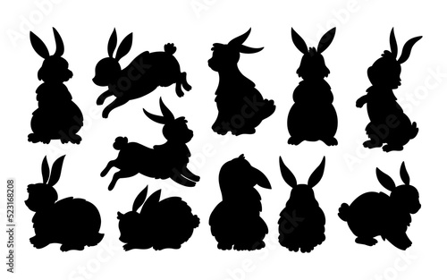 Bunny rabbit silhouette. Jump easter black shadow animal, cute wild spring meadow, sketch contour. Different poses standing jumping and sitting rodent. Vector isolated background