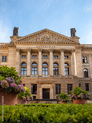 The Bundesrat building of the German government in Berlin city. Beautiful traditional facade in good condition. The neoclassical architecture is unique and impressive.